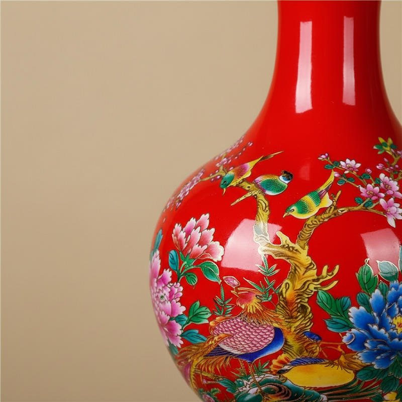 Vase porcelaine asiatique rouge floral detail matiere