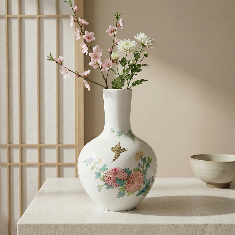 Vase porcelaine motif fleurs et oiseaux intérieur