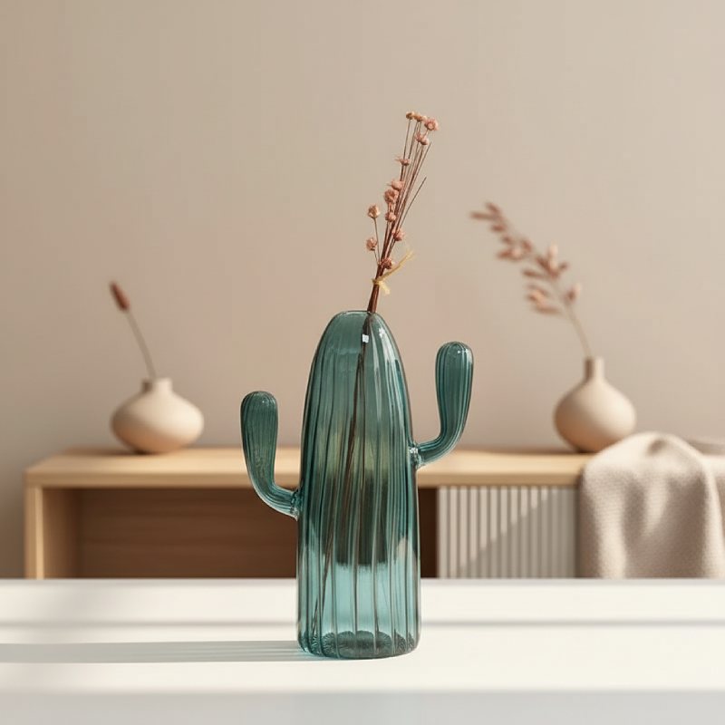 Vase verre cactus design végétal bleu déco élégante