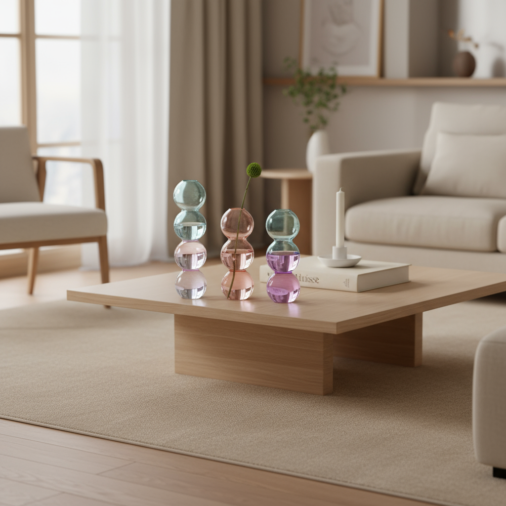 Vase en verre 3 boules bleu et rose