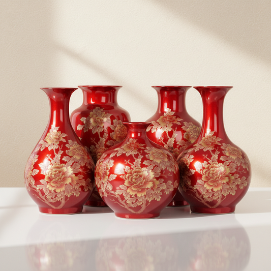 Collection vases céramique rouge motifs floraux doré
