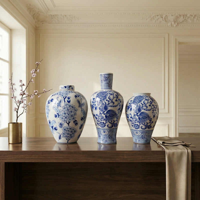 Collection vases porcelaine bleus et blancs motifs élégants