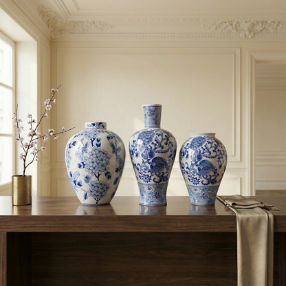 Collection vases porcelaine bleus et blancs motifs élégants