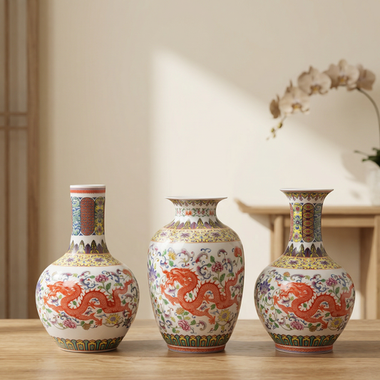 Collection vases porcelaine motif dragon et phénix