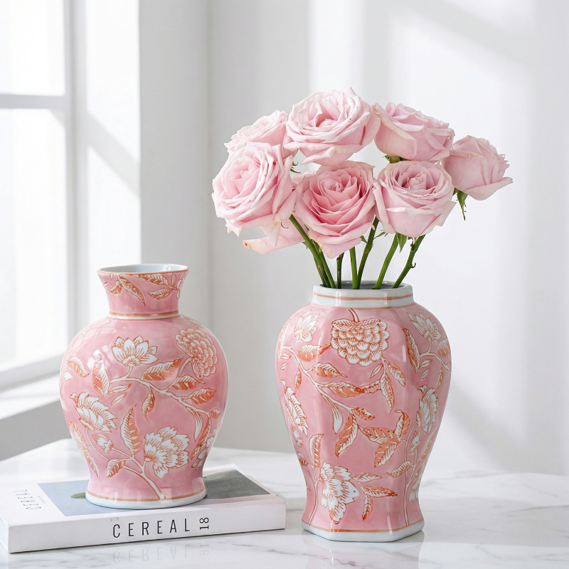 Duo vases céramique rose motif floral