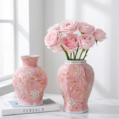 Duo vases céramique rose motif floral