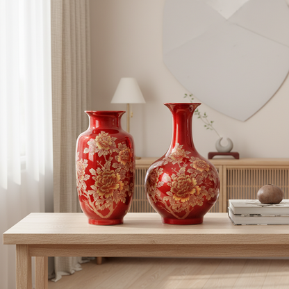 Duo vases céramique rouge motifs floraux doré