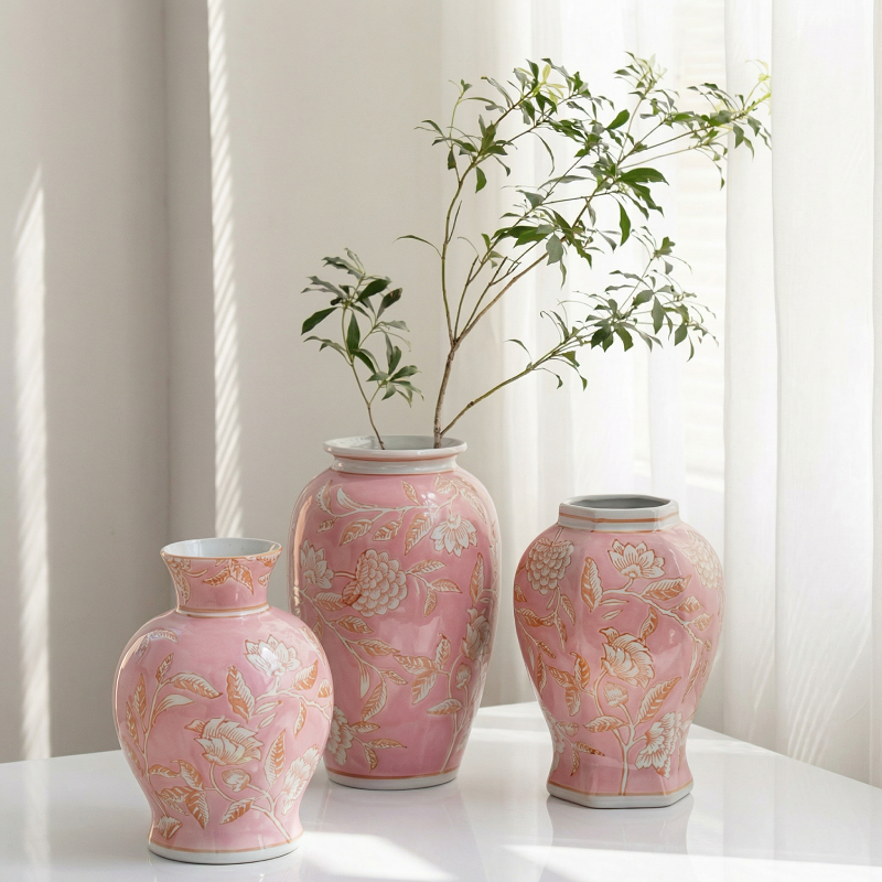 Trio vases céramique rose motif floral