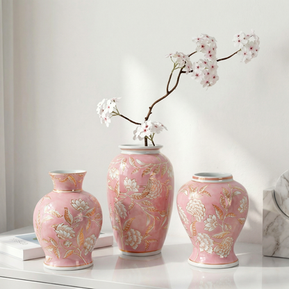 Trio vases céramique rose motif floral lifestyle