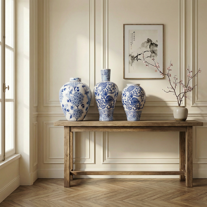 Triple vases porcelaine bleus et blancs motifs élégants lifestyle