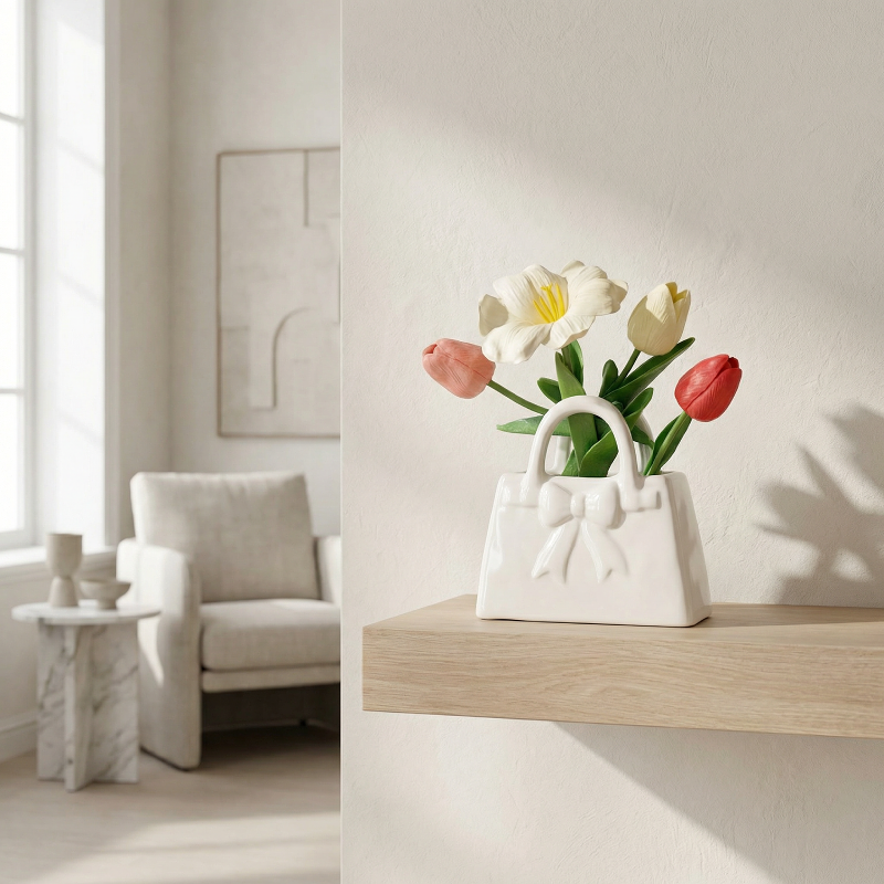 Vase céramique blanc forme sac a main décor nœud lifestyle