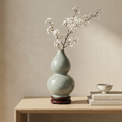 Vase céramique craquelée double gourde gris lifestyle