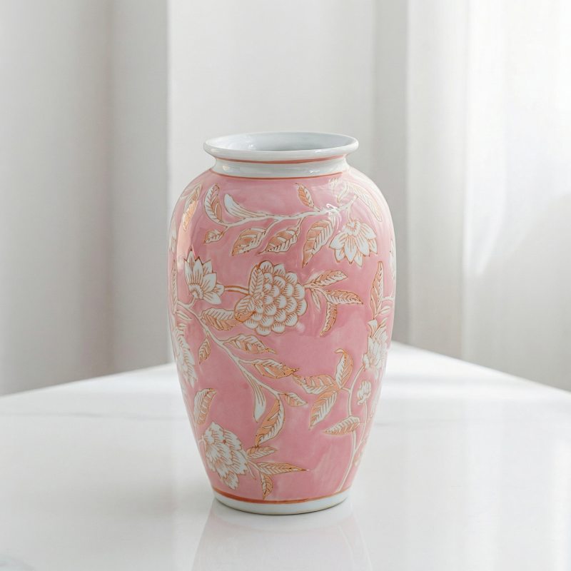 Vases en céramique rose à motifs floraux dorés – Élégance romantique L'UNIVERS DU VASE