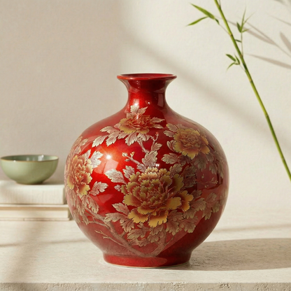 Vase céramique rouge motifs floraux doré déco élégante