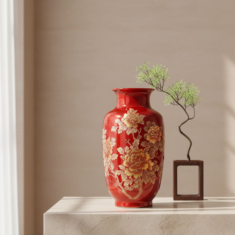 Vase céramique rouge motifs floraux doré décoration asiatique