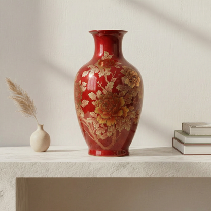 Vase céramique rouge motifs floraux doré décoration élégante