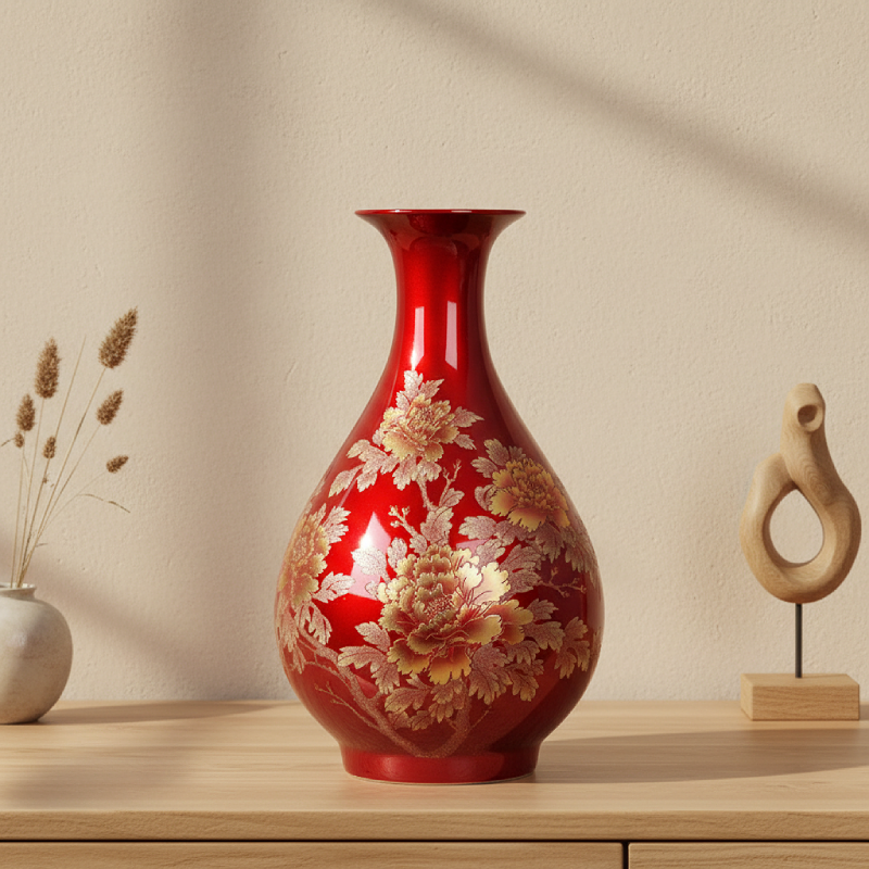 Vase céramique rouge motifs floraux doré lifestyle