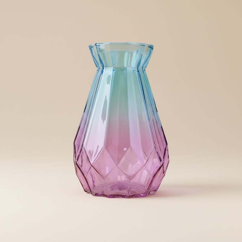 Vase en verre transparent bleu et rose conique bicolore