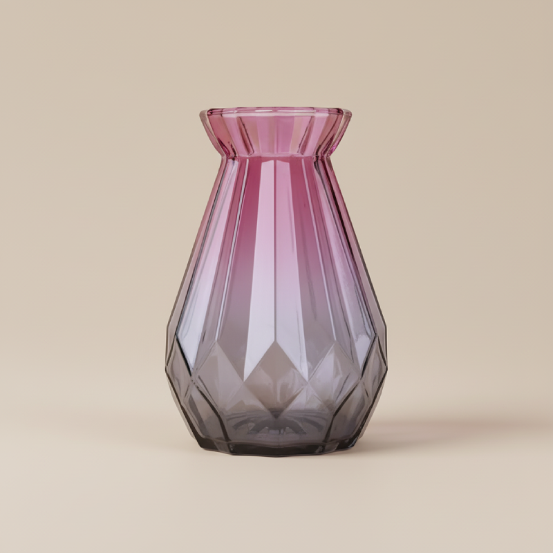 Vase en verre transparent conique bicolore rose et violet