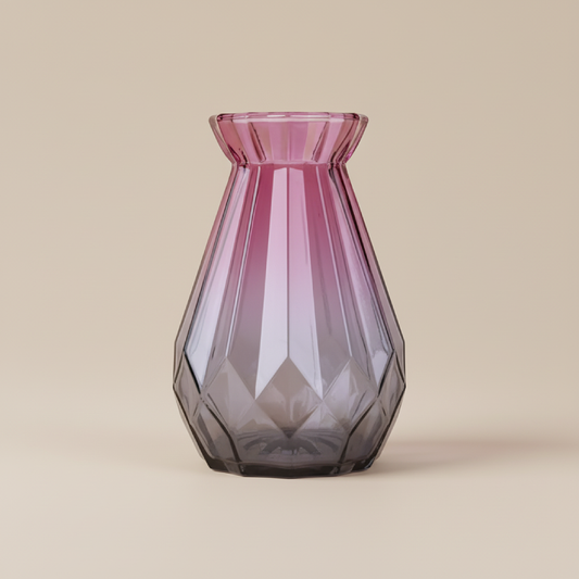 Vase en verre transparent conique bicolore rose et violet