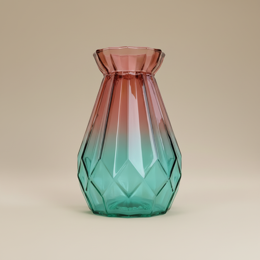 Vase en verre transparent conique bicolore vert et marron