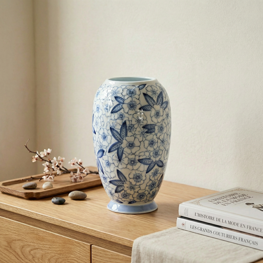 Vase porcelaine Mino-yaki blanc et fleurs bleues