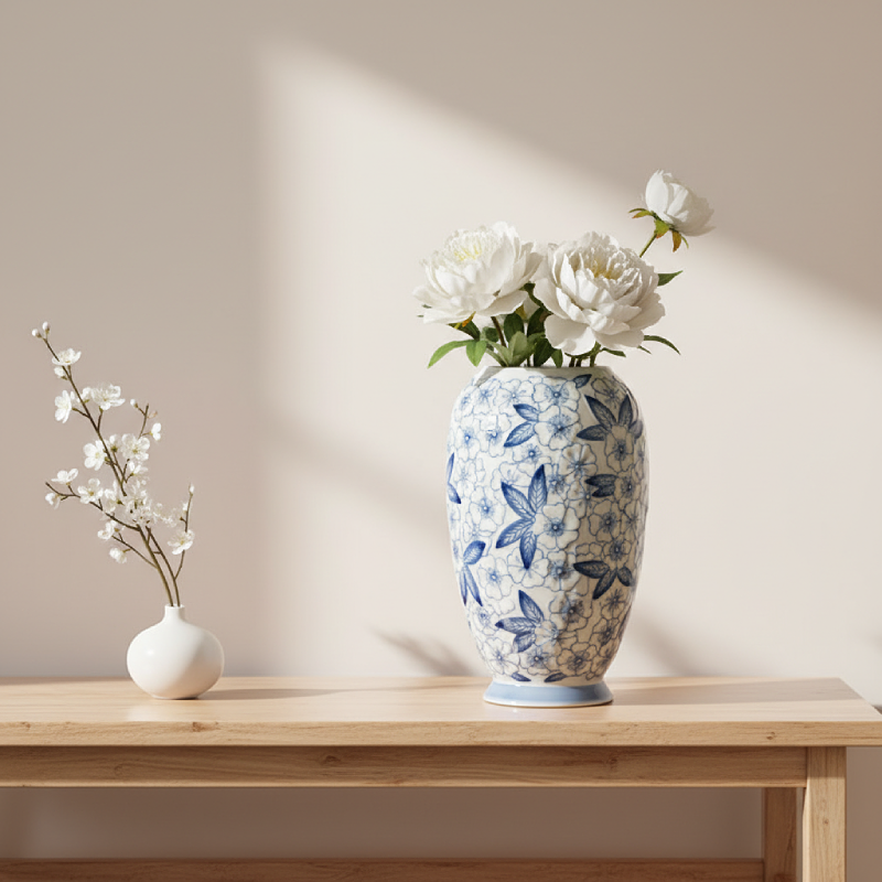 Vase porcelaine Mino-yaki blanc et fleurs bleues déco élégante