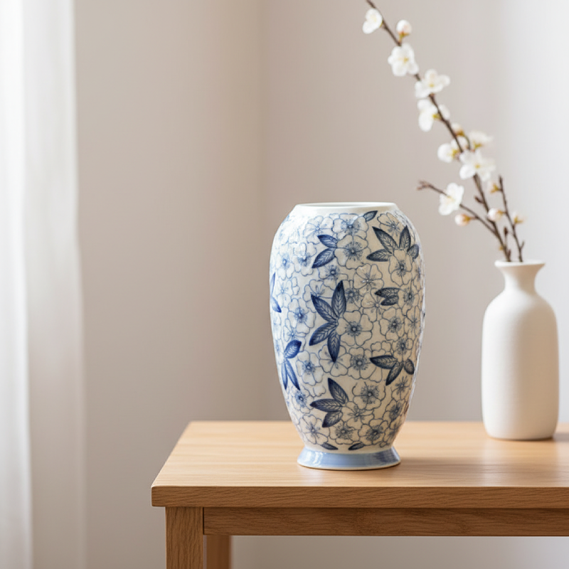 Vase porcelaine Mino-yaki blanc et fleurs bleues décoration contemporaine