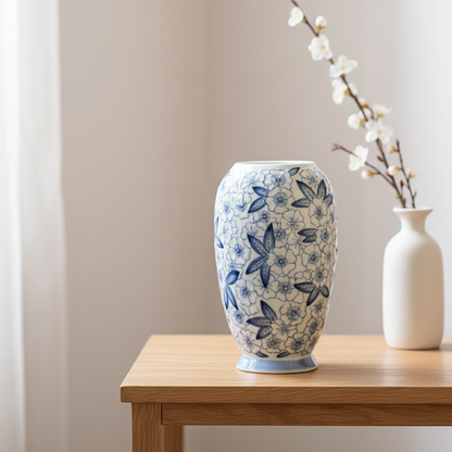 Vase porcelaine Mino-yaki blanc et fleurs bleues décoration contemporaine