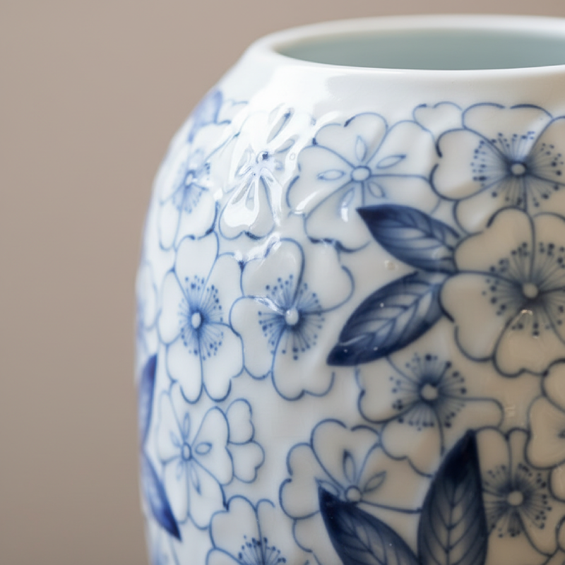 Vase porcelaine Mino-yaki blanc et fleurs bleues détail matière