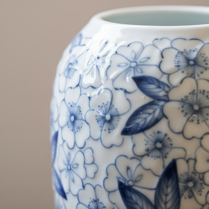 Vase porcelaine Mino-yaki blanc et fleurs bleues détail matière