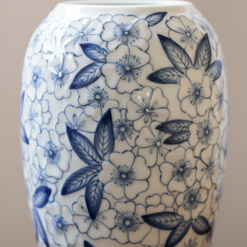 Vase porcelaine Mino-yaki blanc et fleurs bleues détail motifs