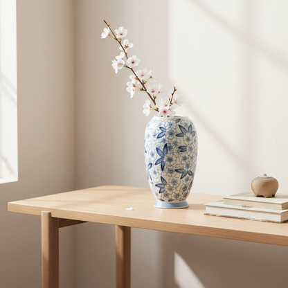 Vase porcelaine Mino-yaki blanc et fleurs bleues lifestyle