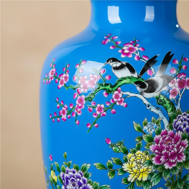 Vase porcelaine asiatique bleu floral detail matiere