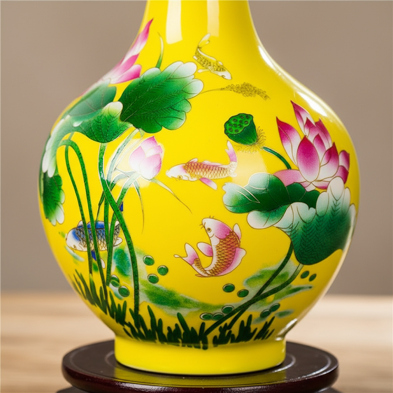 Vase porcelaine asiatique jaune poissons detail matiere
