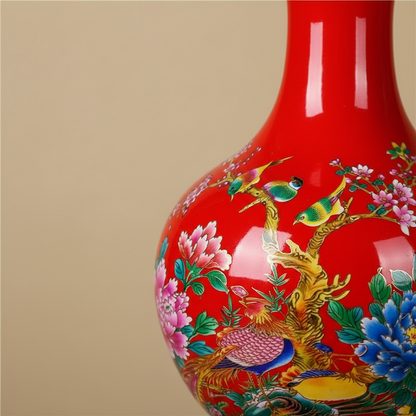 Vase porcelaine asiatique rouge floral detail matiere