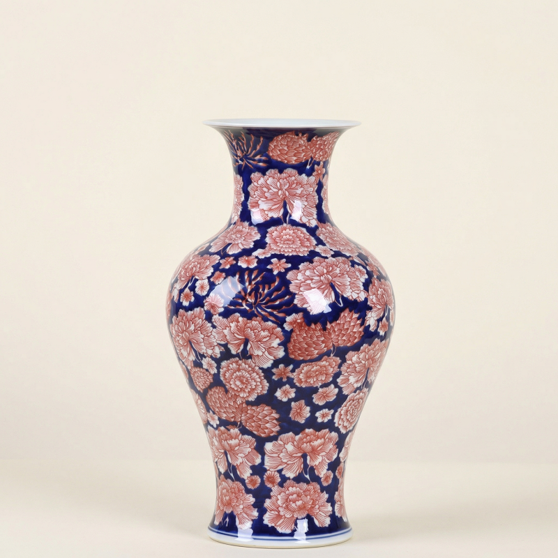 Vases en porcelaine bleu profond et motifs floraux rouges – Élégance asiatique raffinée L'UNIVERS DU VASE