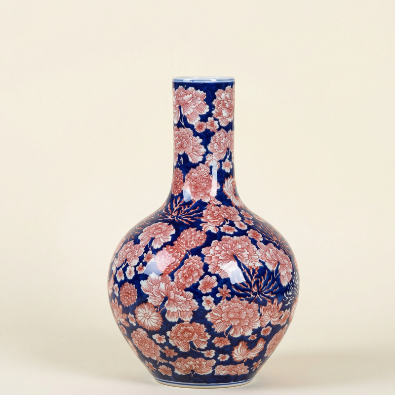 Vases en porcelaine bleu profond et motifs floraux rouges – Élégance asiatique raffinée L'UNIVERS DU VASE