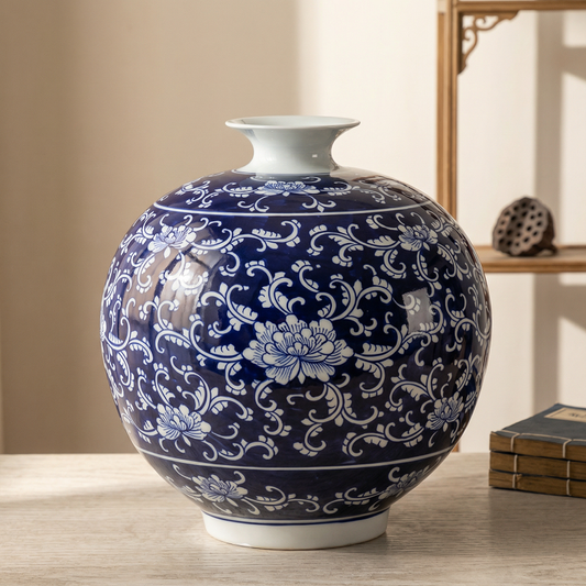 Vase porcelaine bleu motifs floraux arabesques