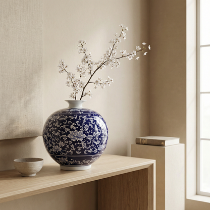 Vase porcelaine bleu motifs floraux arabesques déco élégante