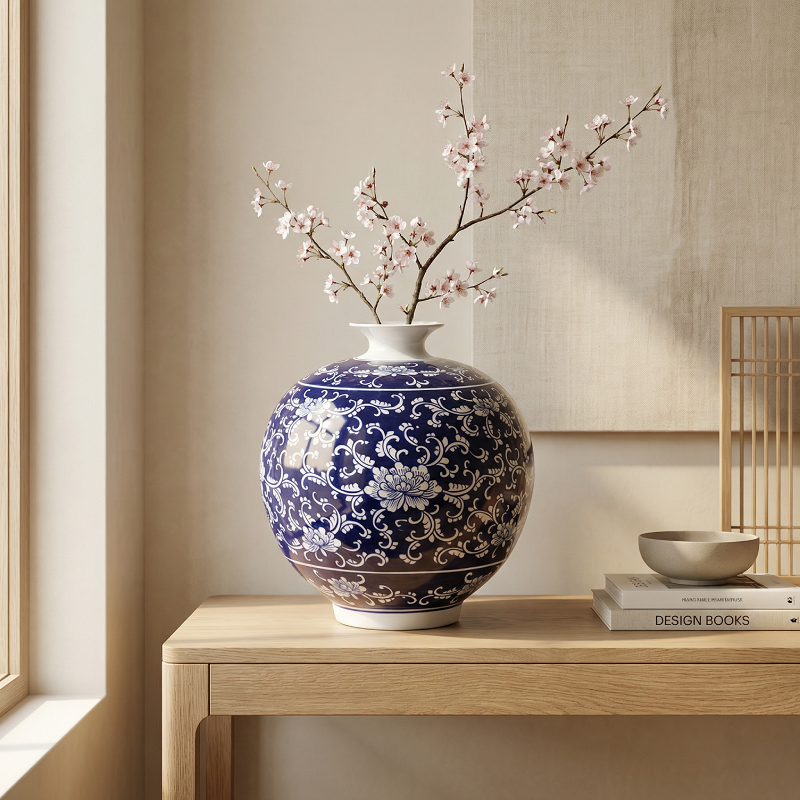 Vase porcelaine bleu motifs floraux arabesques lifestyle