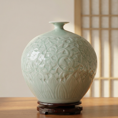 Vase porcelaine céladon vert tendre forme grenade motifs floraux paysagers