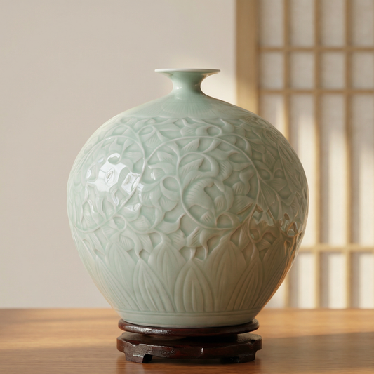 Vase porcelaine céladon vert tendre forme grenade motifs floraux paysagers
