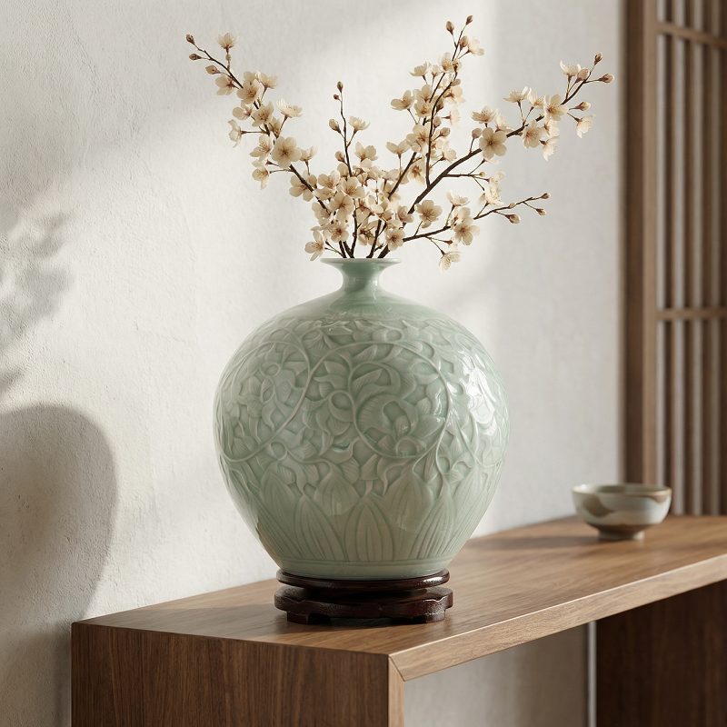 Vase porcelaine céladon vert tendre forme grenade motifs floraux paysagers déco élégante