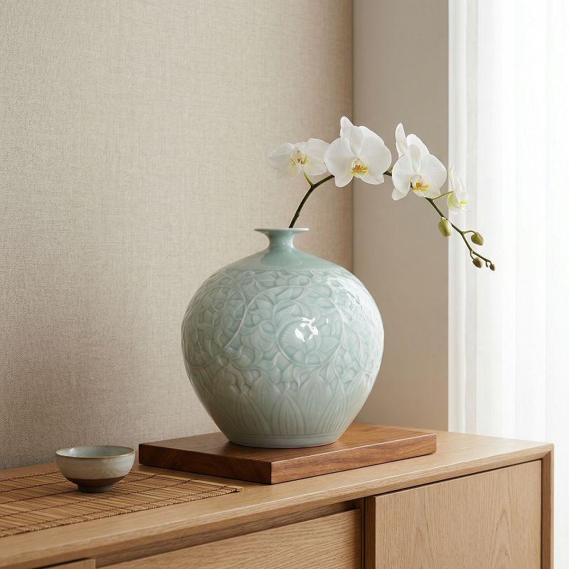 Vase porcelaine céladon vert tendre forme grenade motifs floraux paysagers lifestyle