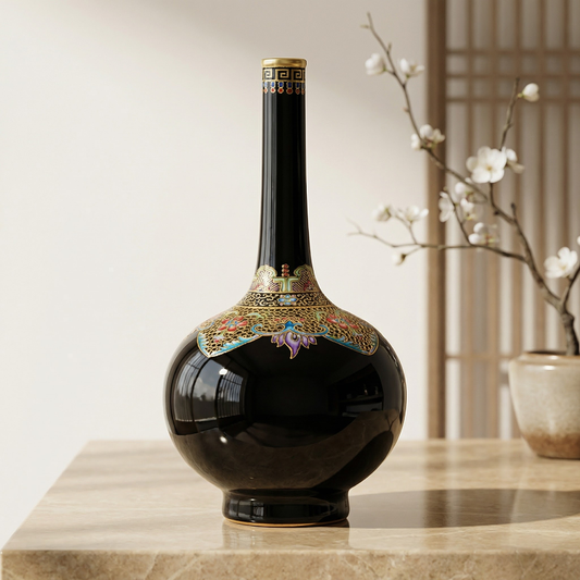 Vase en porcelaine noire et dorée – Design oriental élégant et finition brillante L'UNIVERS DU VASE