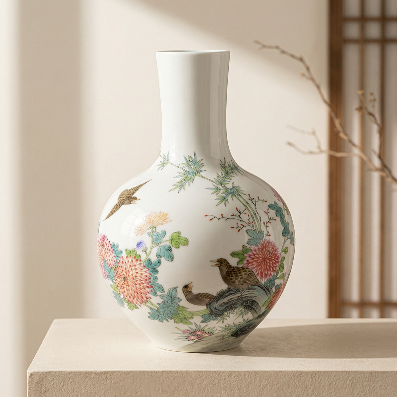 Vase porcelaine motif fleurs et oiseaux