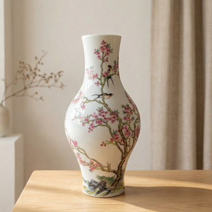 Vase porcelaine motifs fleurs de prunier blanc