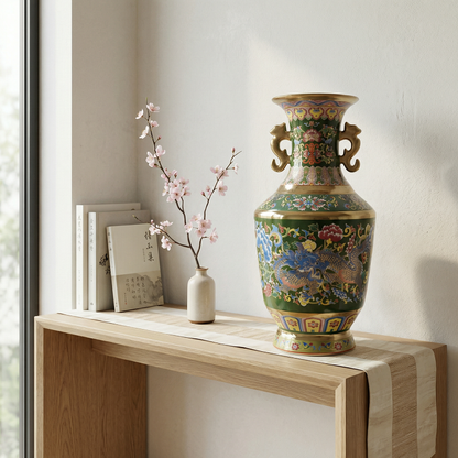 Vase porcelaine rétro chinois motifs double dragon décoration élégante
