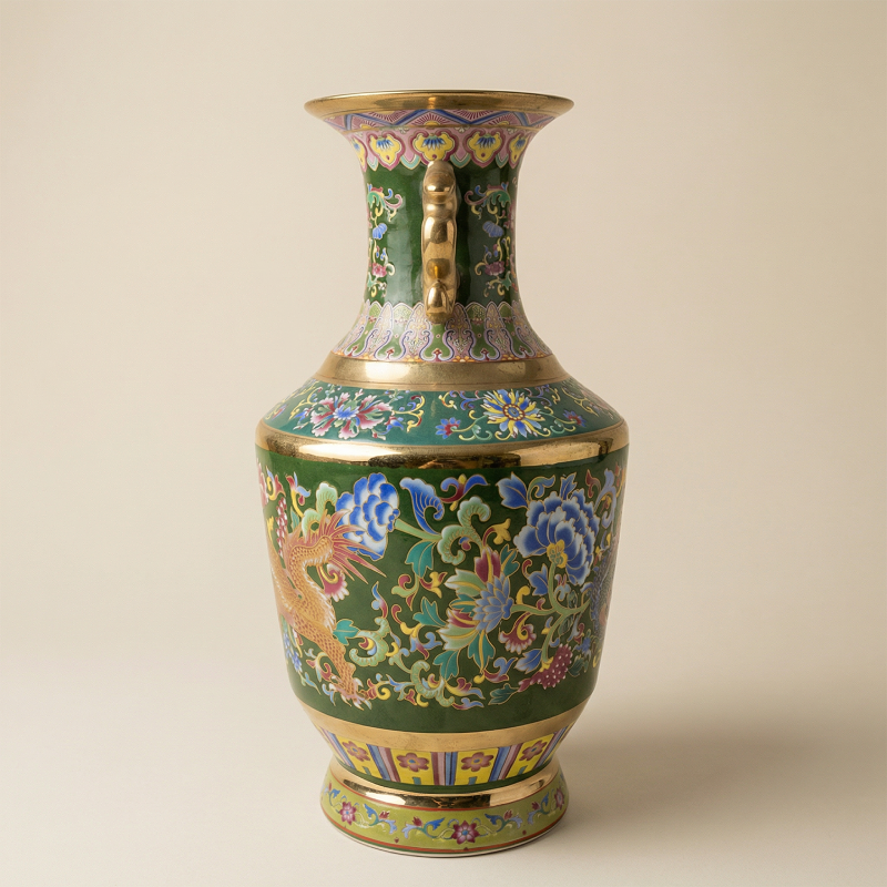 Vase porcelaine rétro chinois motifs double dragon détail côté